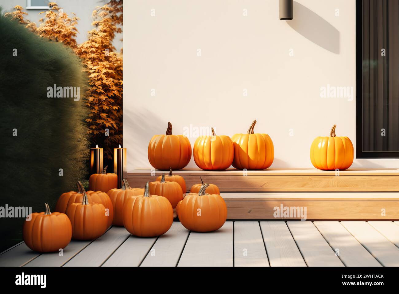 Ingresso alla casa con decorazione di zucche di halloween. Decorazioni in stile minimalista e moderno in autunno Foto Stock