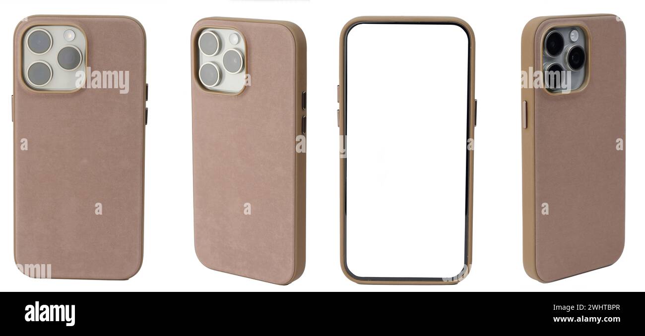 Smartphone con custodia marrone diverse viste isolate su sfondo bianco studio Foto Stock