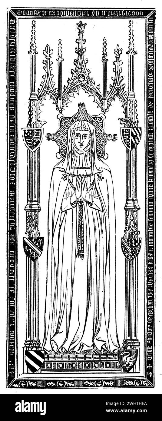 Monumento in ottone intarsiato di Eleonora di Bohun (1366 - 1399), moglie di Tommaso di Woodstock, duca di Gloucester - morta nel 1399. Black and White Illustration from the Old England pubblicato da James Sangster nel 1860. Foto Stock