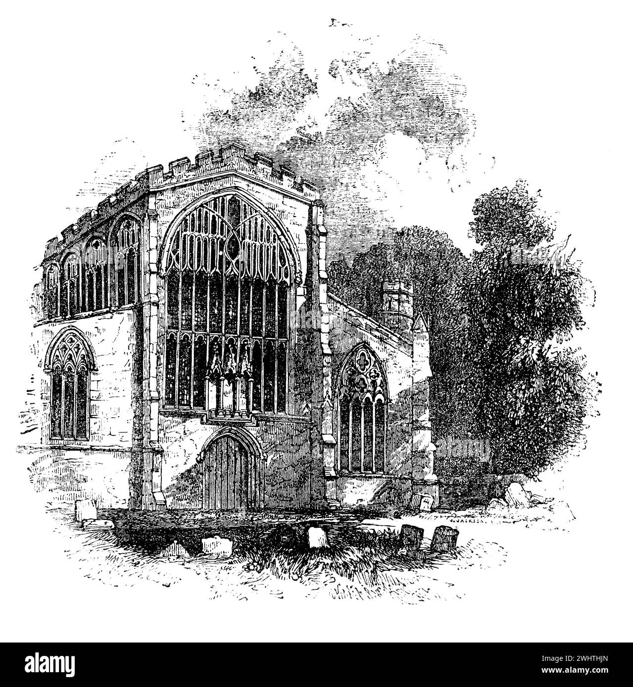 Schizzo dell'estremità est della Holy Trinity Church, Stratford Upon Avon, Warwickshire. Black and White Illustration from the Old England pubblicato da James Sangster nel 1860. Foto Stock