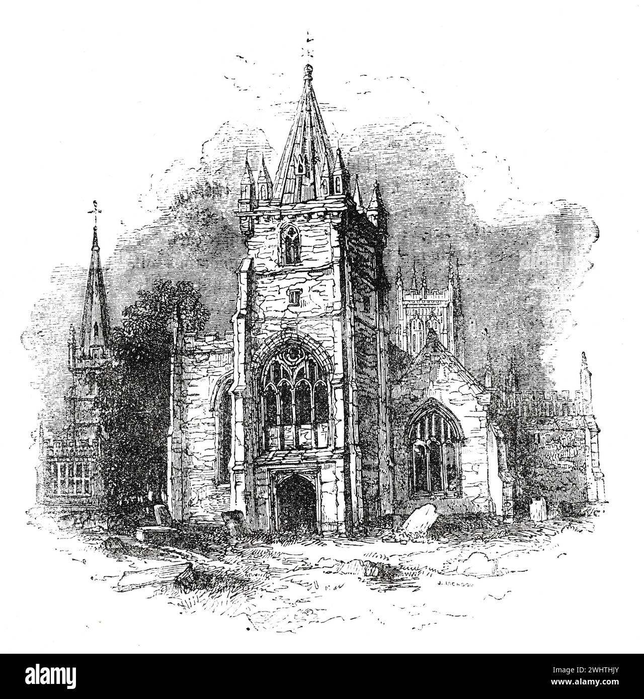 Schizzo delle Chiese di San Lorenzo e di tutti i Santi, Evesham, con la Torre del Priorato sullo sfondo. Black and White Illustration from the Old England pubblicato da James Sangster nel 1860. Foto Stock