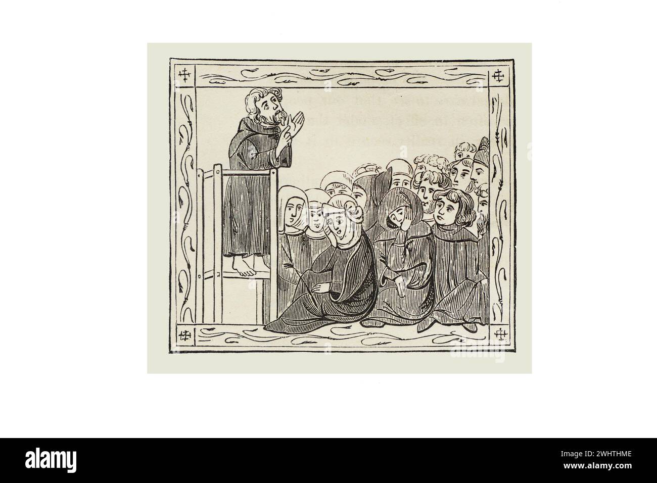 Frate medievale che predicano da un pulpito portatile. Black and White Illustration from the Old England pubblicato da James Sangster nel 1860. Foto Stock Frate medievale che predicano da un pulpito portatile. Black and White Illustration from the Old England pubblicato da James Sangster nel 1860. Foto Stock