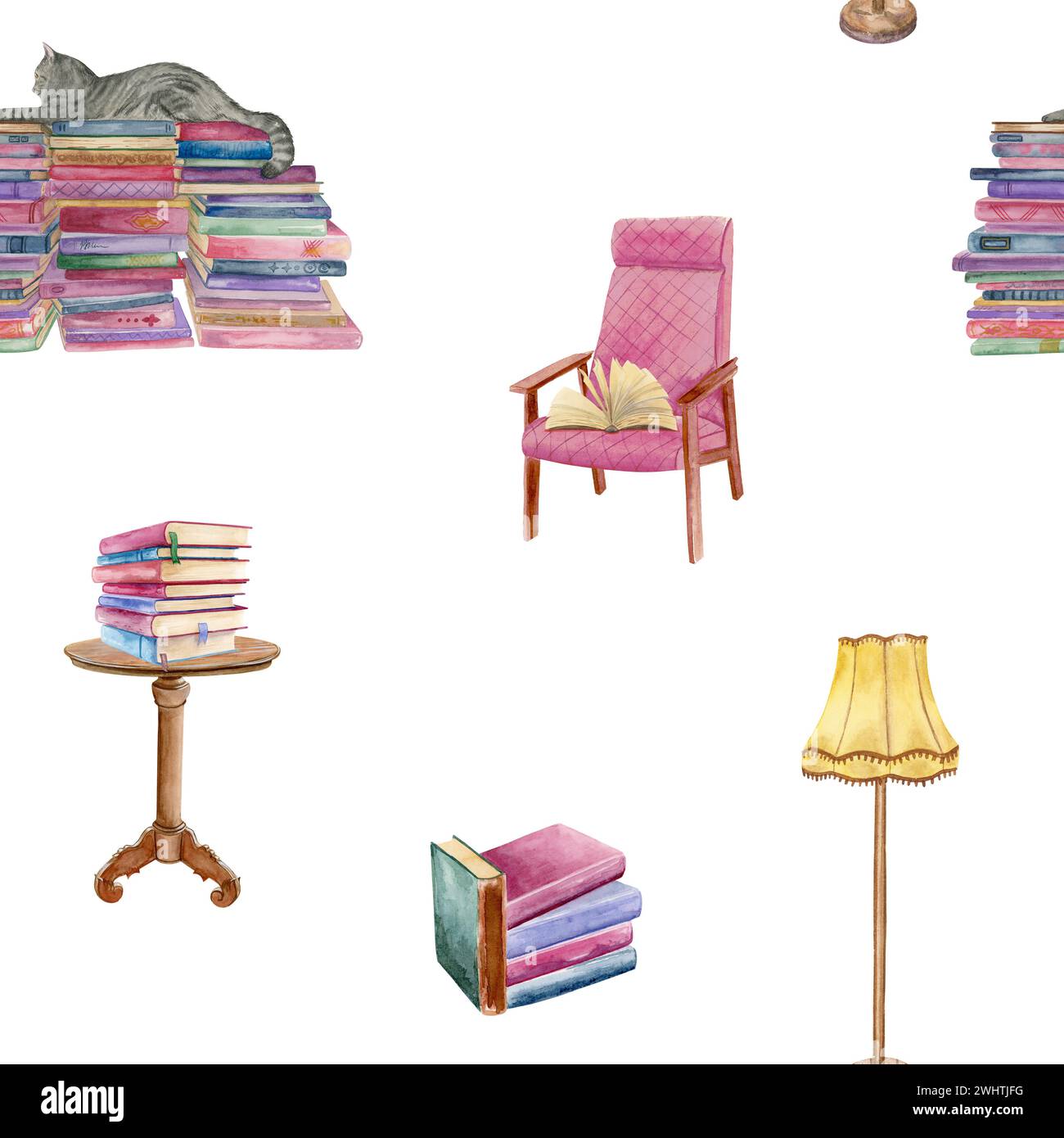 Motivo acquerello senza cuciture di una sedia rosa con un libro aperto, tavolo con una pila di libri, piantana gialla e una pila di libri con un gatto Foto Stock
