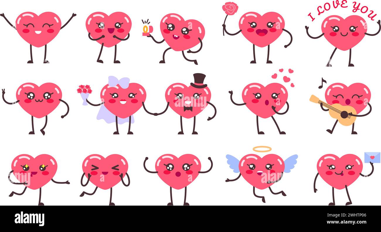 Mascotte Kawaii Heart. Personaggi d'amore, cuori romantici e carino set di illustrazioni vettoriali per il giorno di San Valentino Illustrazione Vettoriale