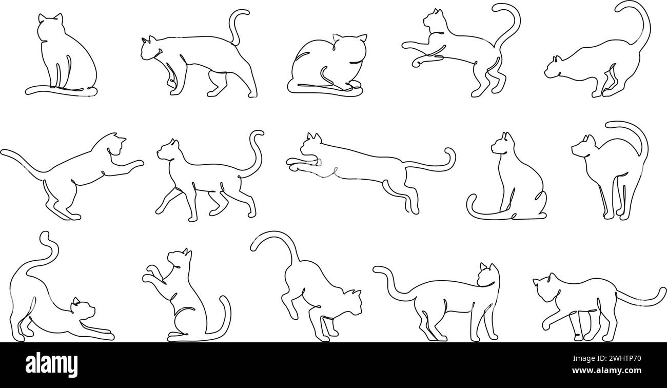 Gatti a una linea continua. Linee minimaliste di felino, varie pose di gatto e attività di gattino set di illustrazioni vettoriali disegnate a mano Illustrazione Vettoriale