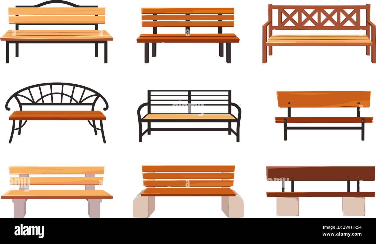 Panca per cartoni animati. Panchine in legno, comodi posti a sedere in giardino pubblico e set di illustrazioni vettoriali per mobili da esterno Illustrazione Vettoriale