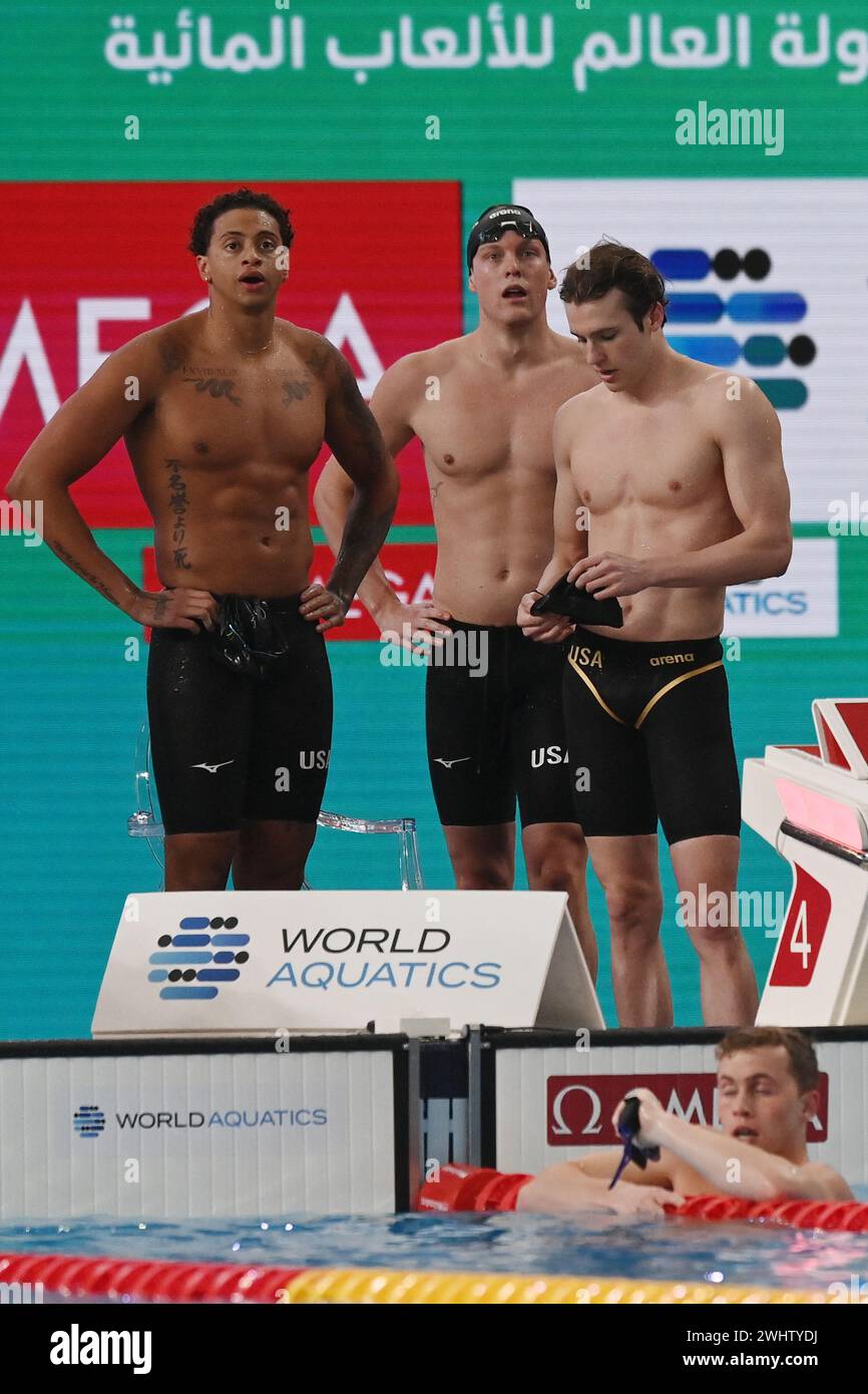 Doha, QAT. 11 febbraio 2024. Alessandro Miressi, Lorenzo Zazzeri, Paolo Conte Bonini, Manuel frigo, staffetta italiana 4 x 100, secondo posto ai Campionati mondiali di nuoto Doha 2024 - sport- nuoto - Doha (Qatar) 11 febbraio 2024 (foto di Gian Mattia D'Alberto/LaPresse) crediti: LaPresse/Alamy Live News Foto Stock