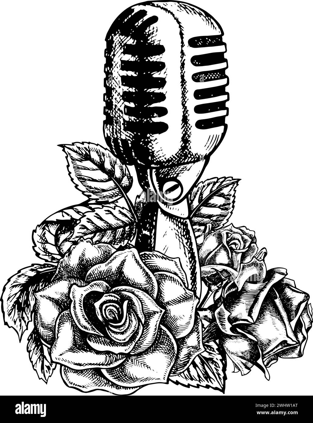 Microfono retrò decorato con rose, illustrazione grafica in bianco e nero vettoriale. Isolarlo. Per logo, badge, adesivi e stampe. Per le cartoline, Illustrazione Vettoriale