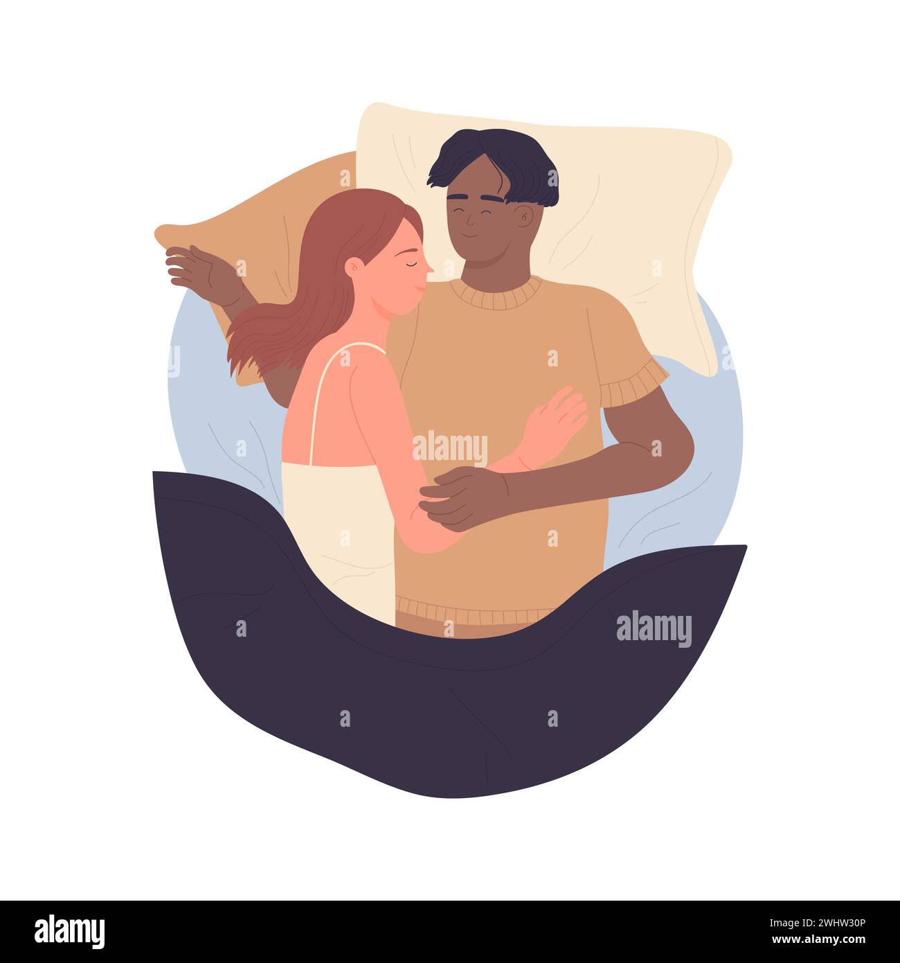 Vista dall'alto della coppia che dorme nel letto. Gente che sogna in camera da letto, immagine vettoriale di un cartone animato Illustrazione Vettoriale