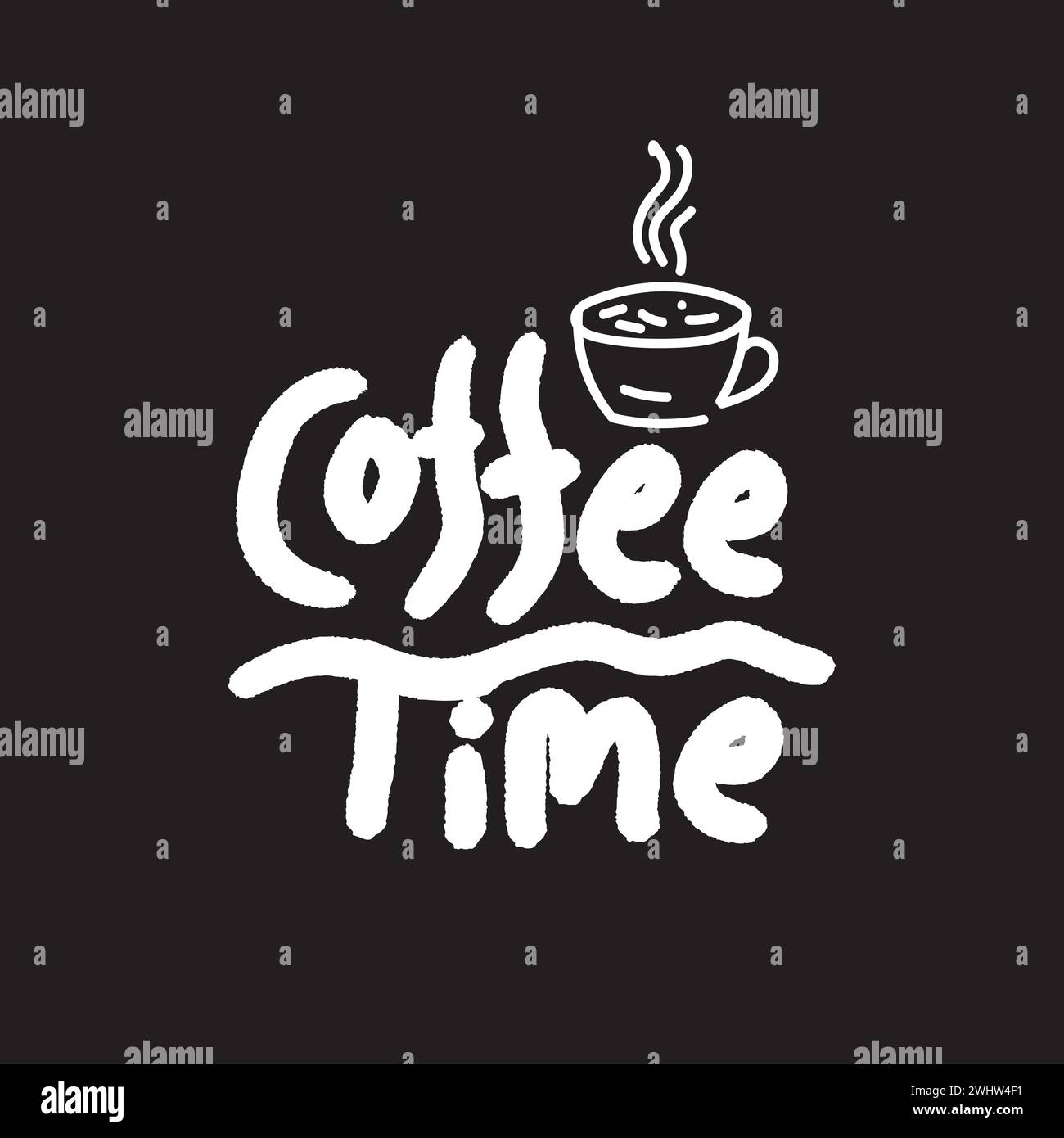 Ora del caffè tipografia a colori bianchi con una tazza di caffè su sfondo nero per celebrare la giornata internazionale del caffè. Design lettering per t-shirt, striscioni, Illustrazione Vettoriale