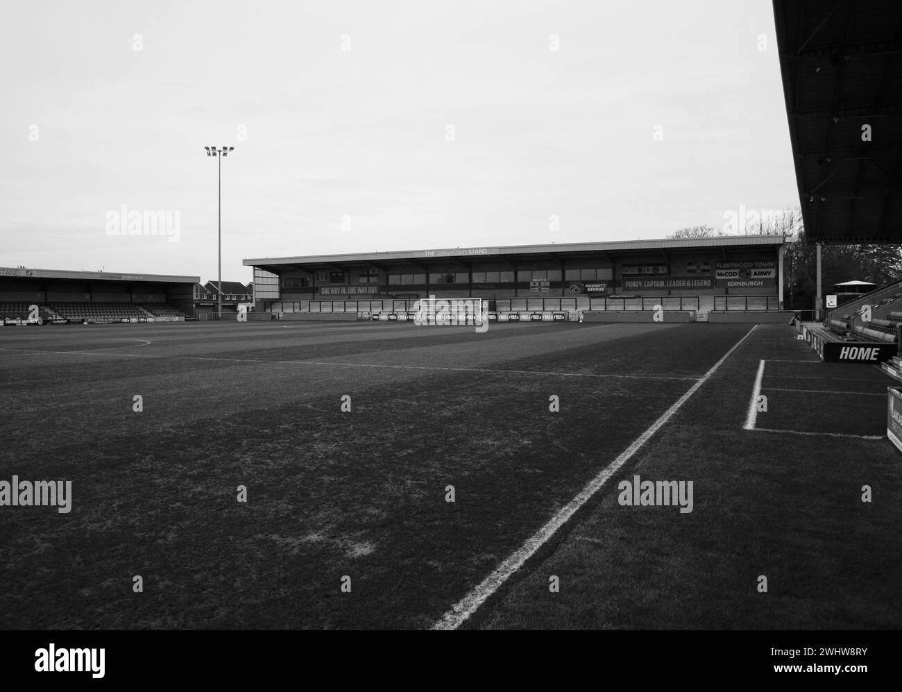 Vista del Memorial Stand presso l'Highbury Stadium, Fleetwood Football Club, Fleetwood, Lancashire, Regno Unito, Europa Foto Stock