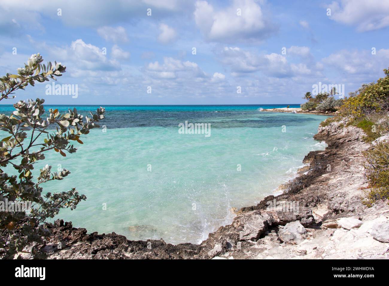 La vista panoramica della costa rocciosa di Little Stirrup Cay e delle onde del Mar dei Caraibi (Bahamas). Foto Stock