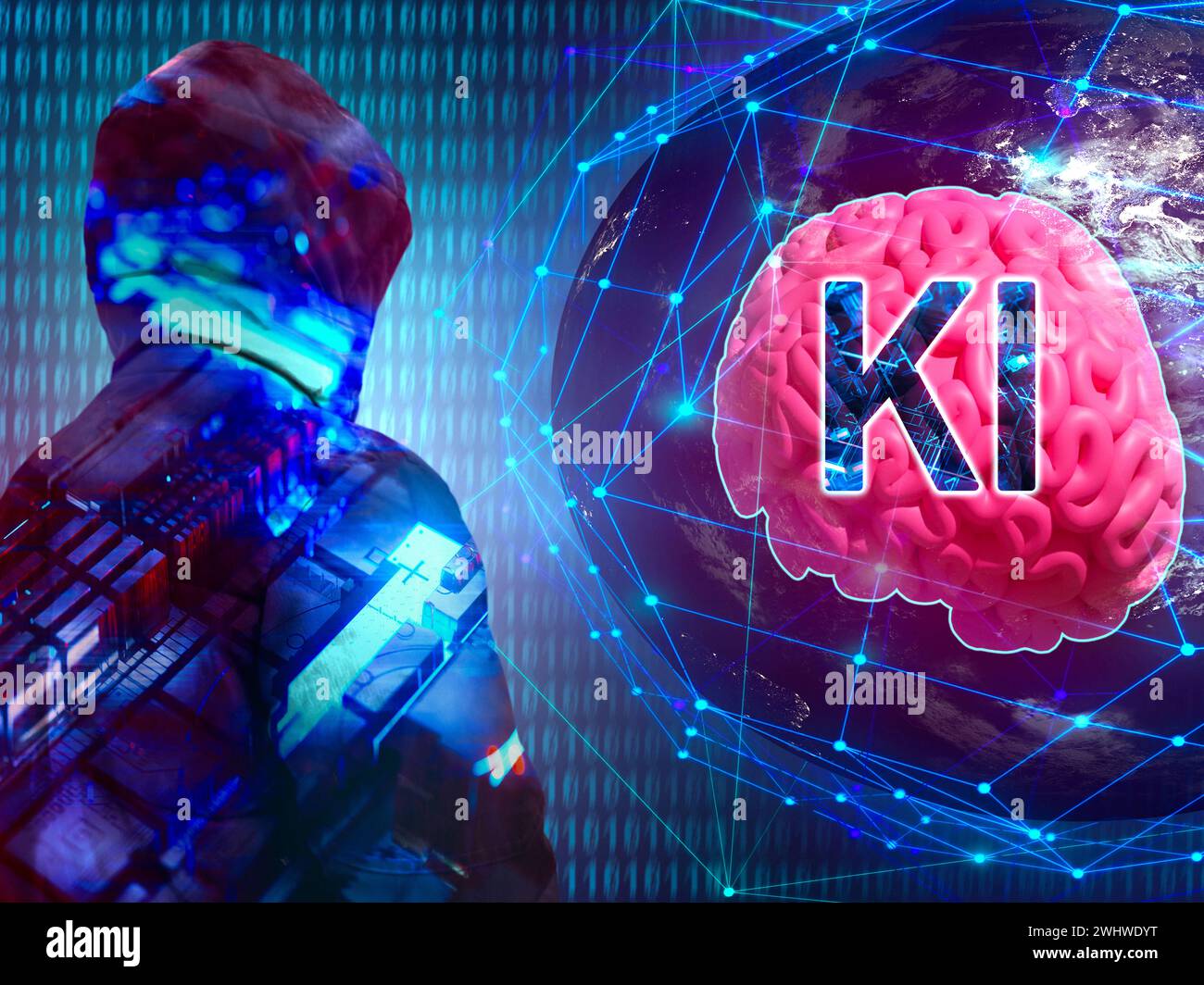 11 febbraio 2024: Globo con cervello e robot in primo piano e il testo: AI - intelligenza artificiale. Immagine simbolica del mondo dei programmi di intelligenza artificiale, foto, chatbot e co. FOTOMONTAGGIO *** Weltkugel mit Gehirn und Roboter im Vordergrund und dem testo: KI - Künstliche Intelligenz. Symbolbild zur Welt der ai Program, Fotos, Chatbots und co FOTOMONTAGE Foto Stock