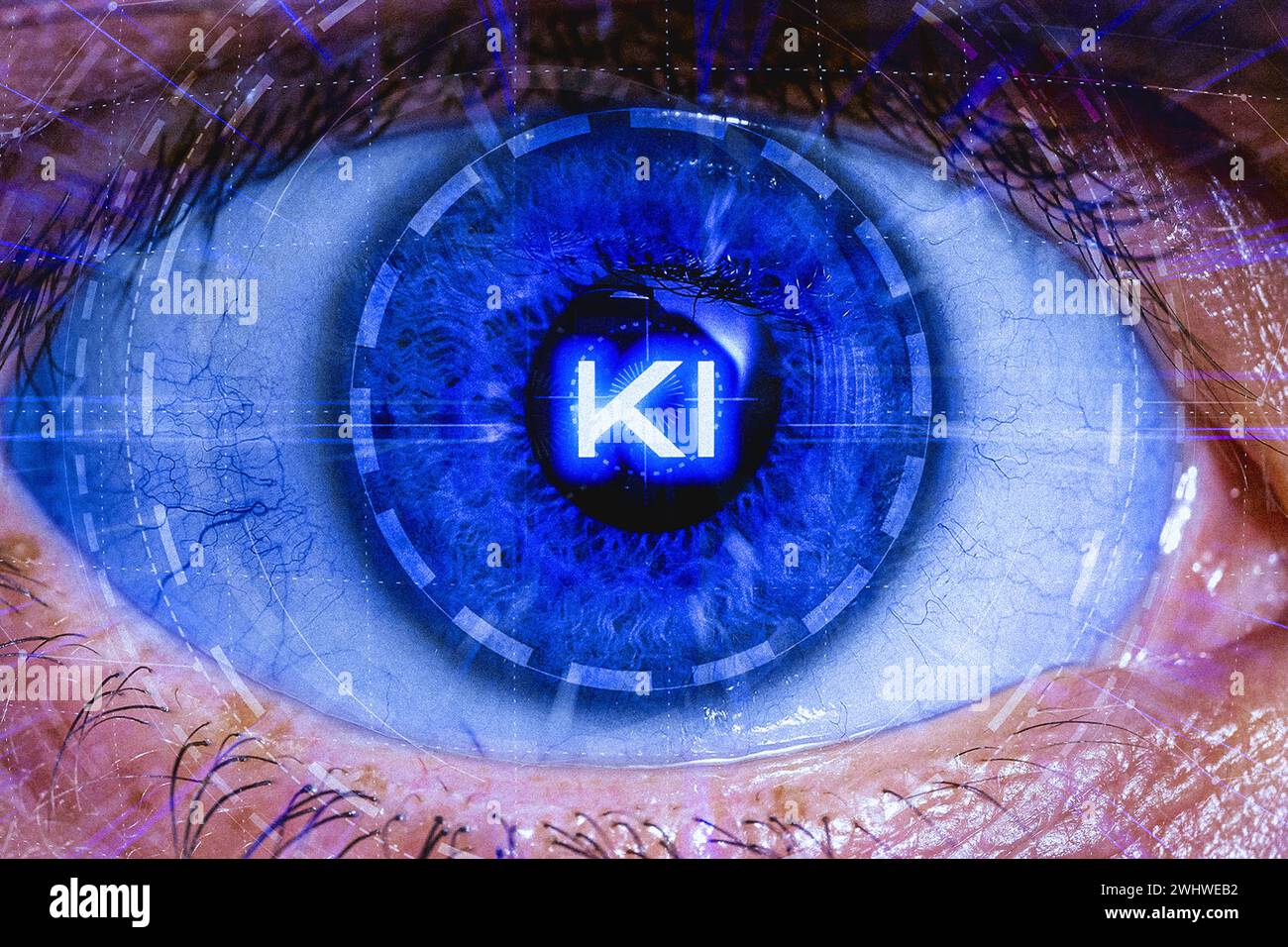 11 febbraio 2024: Occhio blu con vene blu e grande allievo, al centro la parola AI - intelligenza artificiale. Immagine simbolica per il progresso e l'argomento dell'intelligenza artificiale. FOTOMONTAGGIO *** Blaues Auge mit blauen Adern und Großer Pupille, in der Mitte das Wort: KI - künstliche Intelligenz. Symbolbild für den Fortschritt und das Thema ai - intelligenza artificiale. FOTOMONTAGE Foto Stock