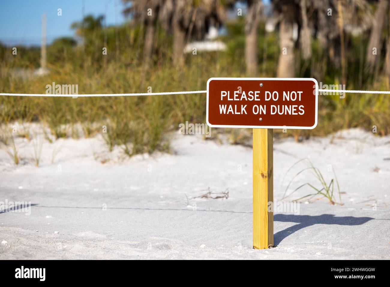Non camminare sulla spiaggia di sabbia bianca della Florida. Tieni lontana la segnaletica sull'area protetta delle dune della costa del golfo. Foto Stock