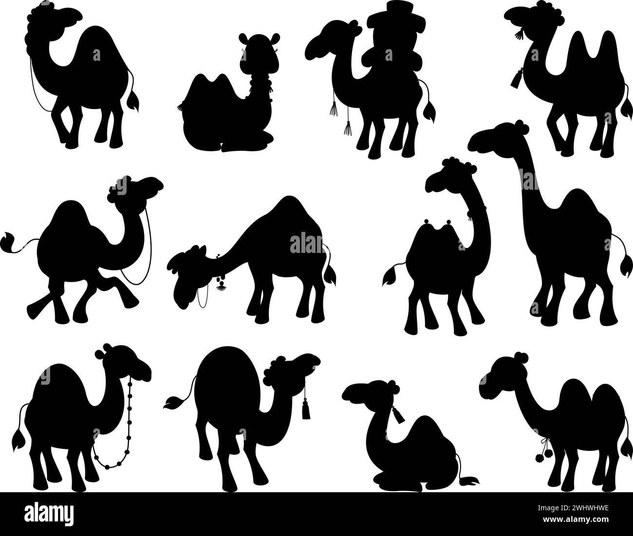 Silhouette color cammello nero. Raccolta isolata di animali del deserto. Carovana di cammelli arabi, silhouette semplice. Adesivi decorativi, set vettoriale nowaday Illustrazione Vettoriale