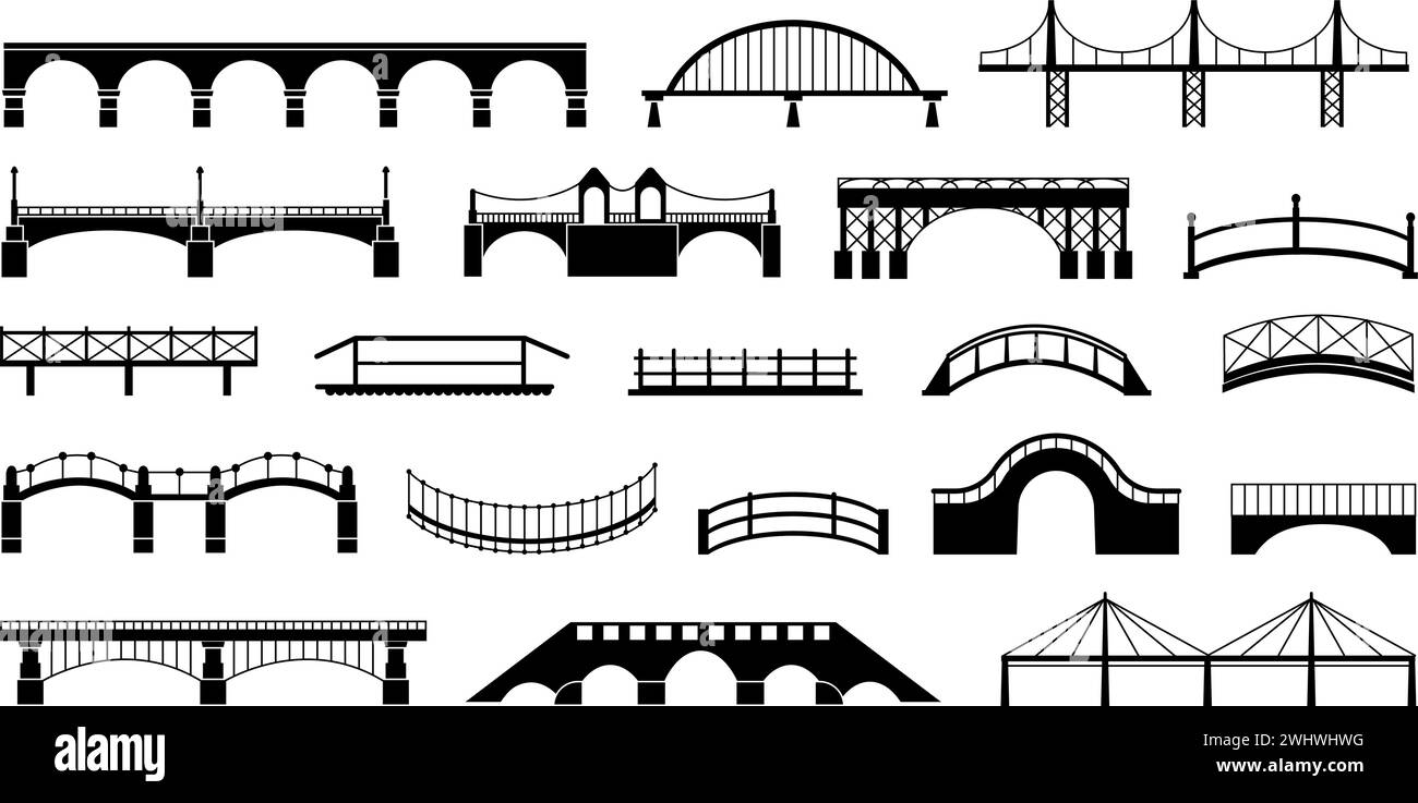 Sagome dei ponti neri. Icone di ponti isolati, elementi di costruzioni architettoniche urbane. Trasporti e logistica cittadina, un discreto set vettoriale Illustrazione Vettoriale