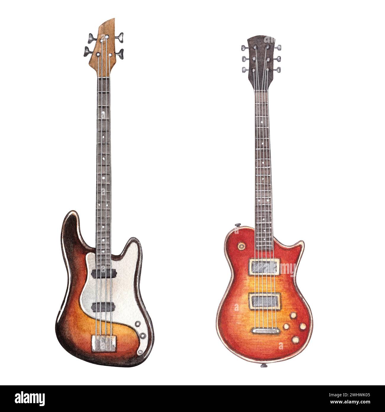 Set di chitarra elettrica e basso. Acquerello illustrazione disegnata a mano di una chitarra elettrica. Clipart su uno sfondo bianco per la progettazione di un mu Foto Stock