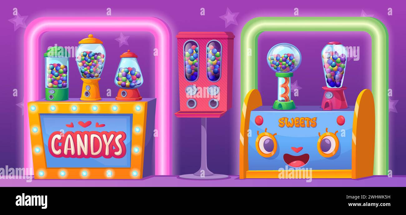 Sfondo del parco giochi. Area giochi con distributori automatici per caramelle, modello vettoriale esatto Illustrazione Vettoriale