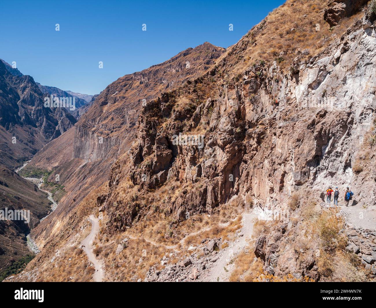 Escursionisti che scendono il sentiero del Canyon del Colca in una soleggiata giornata invernale, Arequipa, Perù. Foto Stock