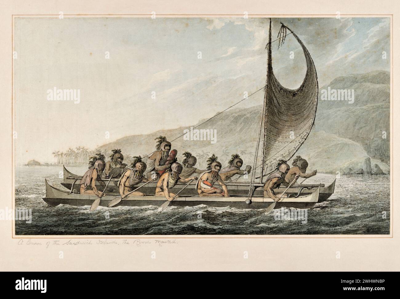 Una canoa delle Isole Sandwich, i Rowers Masked. Da "acquerelli che illustrano l'ultimo viaggio del capitano Cook" ca. 1773-1784 di John Webber. Webber fu nominato artista topografico e salpò con Cook nel terzo viaggio Foto Stock