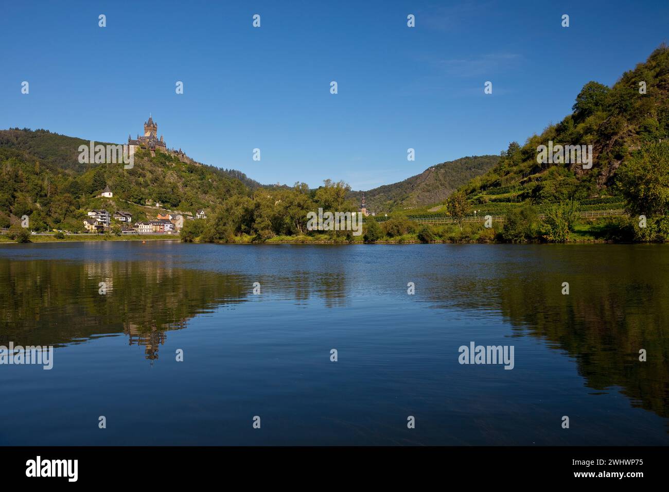 La valle della Mosella con Reichsburg, Cochem, Renania-Palatinato, Germania, Europa Foto Stock