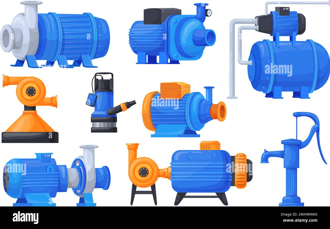 Pompe del compressore dell'acqua. Componenti per macchinari per irrigatori a pompa industriale, pompa dell'olio per acque reflue, motore elettrico, impianto idraulico per la pulizia delle acque reflue, immagine vettoriale ordinata della pompa del compressore Illustrazione Vettoriale
