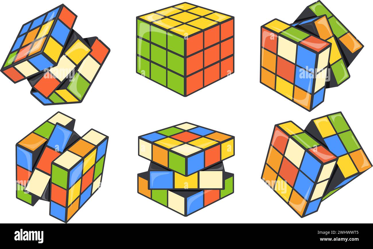 Cubo di Rubik. Puzzle creativo cubi di Rubiks, scatola di colori isolata giocattolo magico per matematica intelligenza logica gioco del cervello, blocco quadrato casuale risolto problema, illustrazione vettoriale ordinata Illustrazione Vettoriale