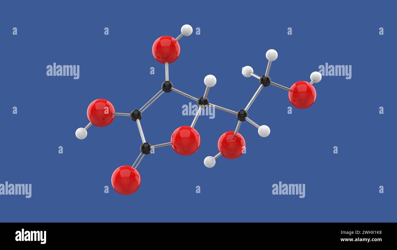 Struttura molecolare 3D dell'acido ascorbico della vitamina C, su sfondo blu, illustrazione di rendering 3D. Foto Stock
