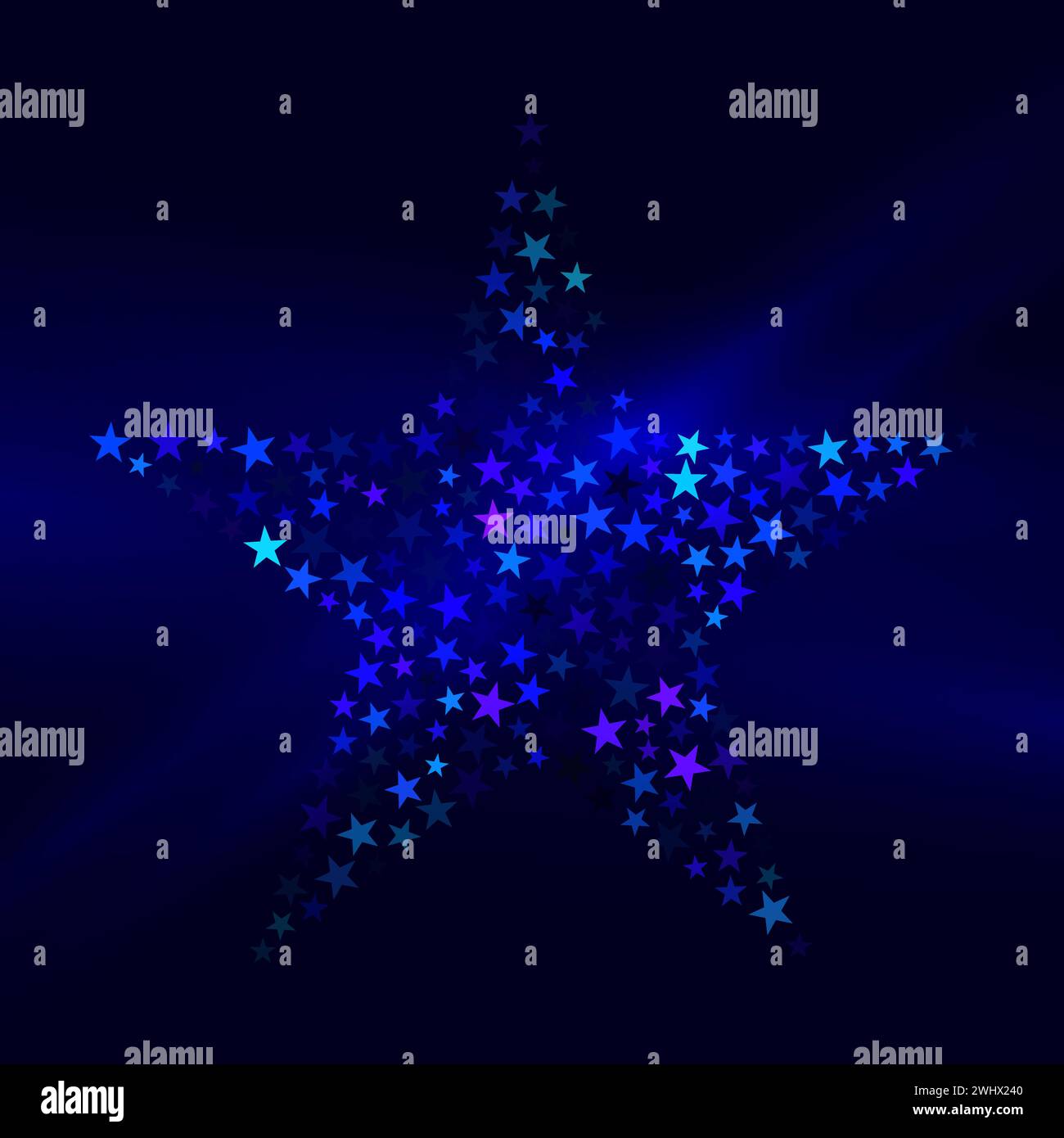 Una grande forma a stella composta da piccole stelle argentate lucide su sfondo blu scuro con raggi chiari, illustrazione vettoriale Illustrazione Vettoriale