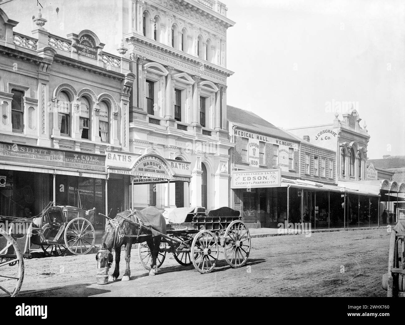 Queen Street, Auckland 1884. Scena fotografica di strada vintage dalla nuova Zelanda, Foto Stock