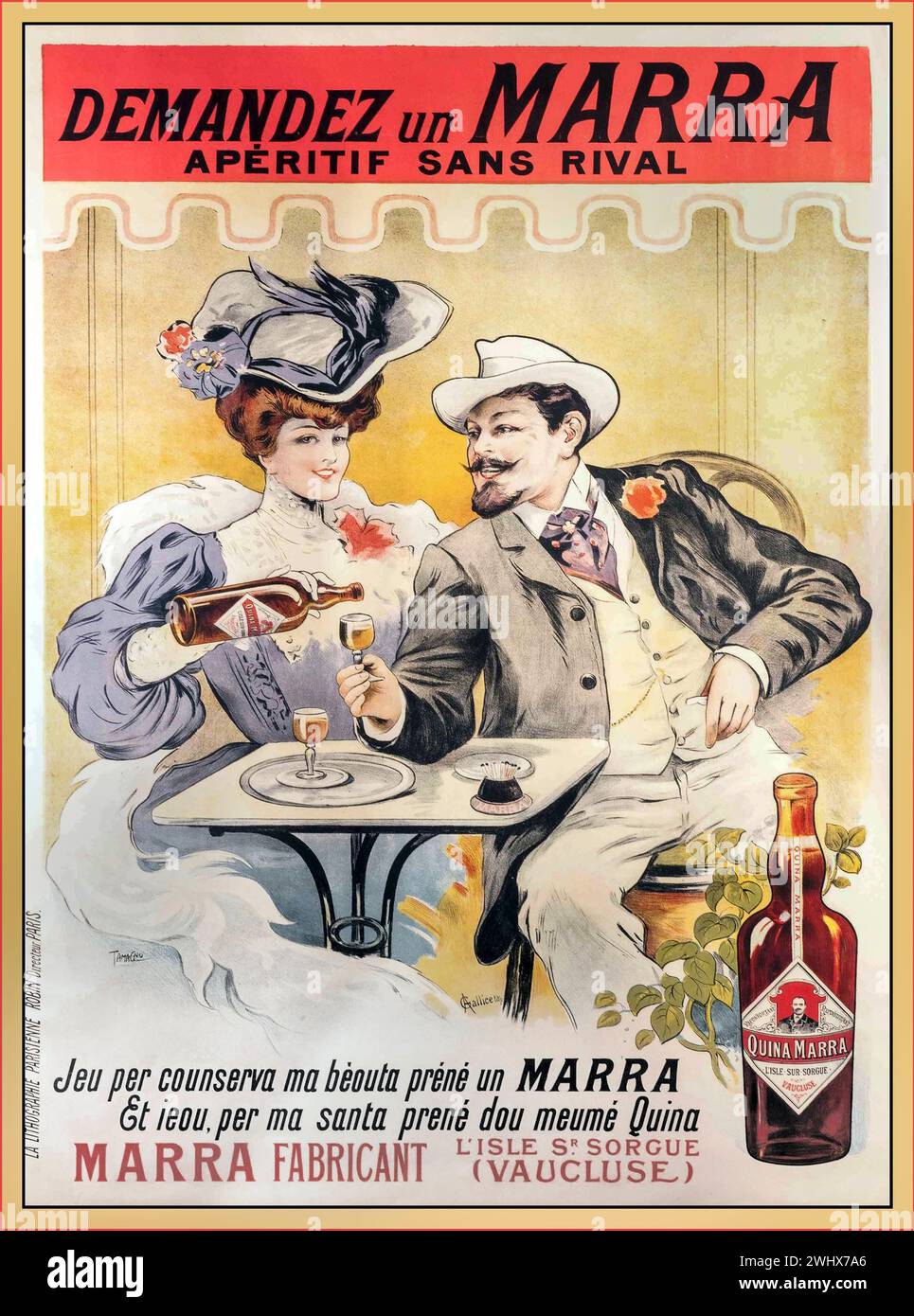 Poster "Demandez un Marra aperitif sans rival", bevande alcoliche vintage. 1905 aperitivo francese "QUINA MARRA" Vaucluse l'Isle Sr. Sorgue France Foto Stock