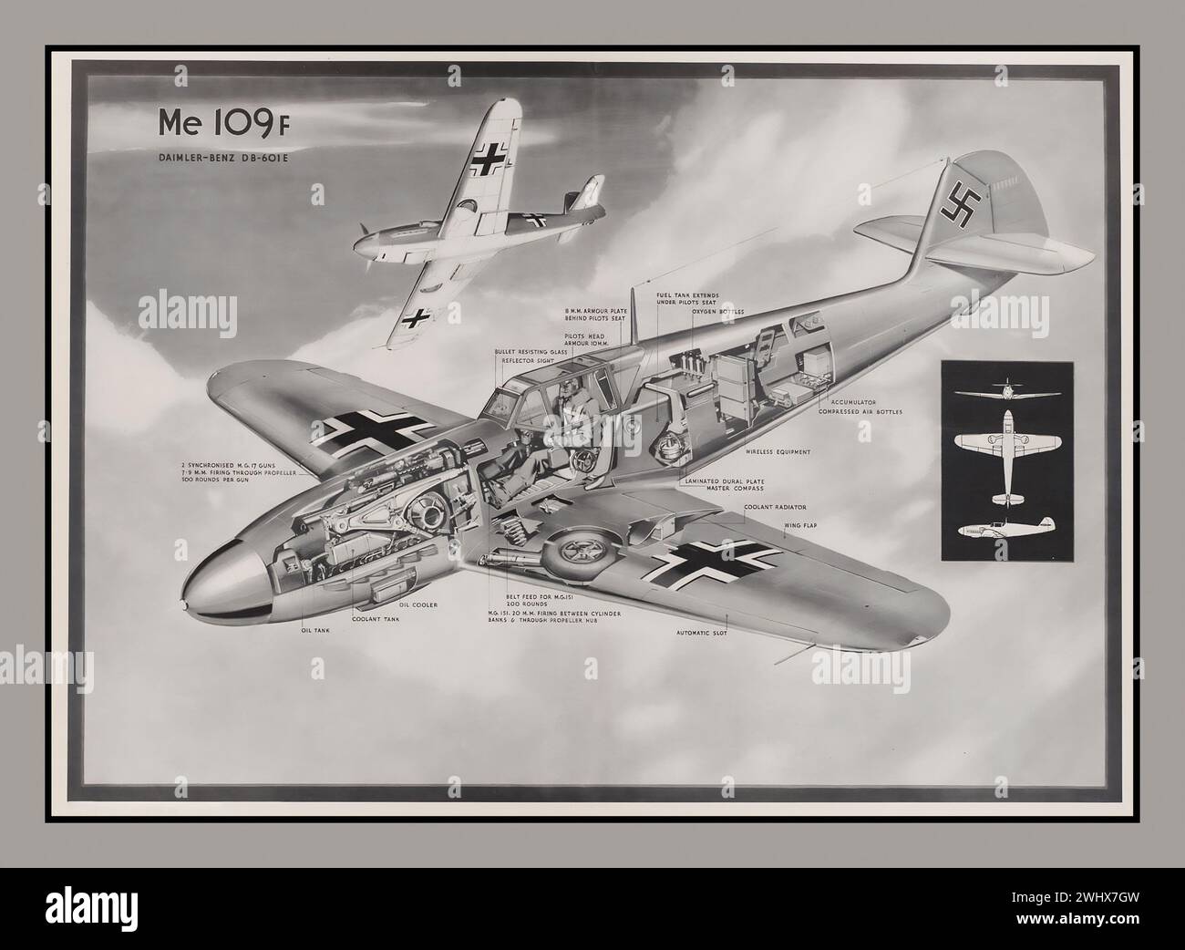 WW2 1940s Nazi Germany Fighter Aircraft ME 109 illustrazione diagramma tagliato, che mostra abilità tecniche forma e prestazioni, con pinna di coda della svastica, per informazioni sulle forze aeree alleate. ME 109f Daimler Benz seconda guerra mondiale Foto Stock