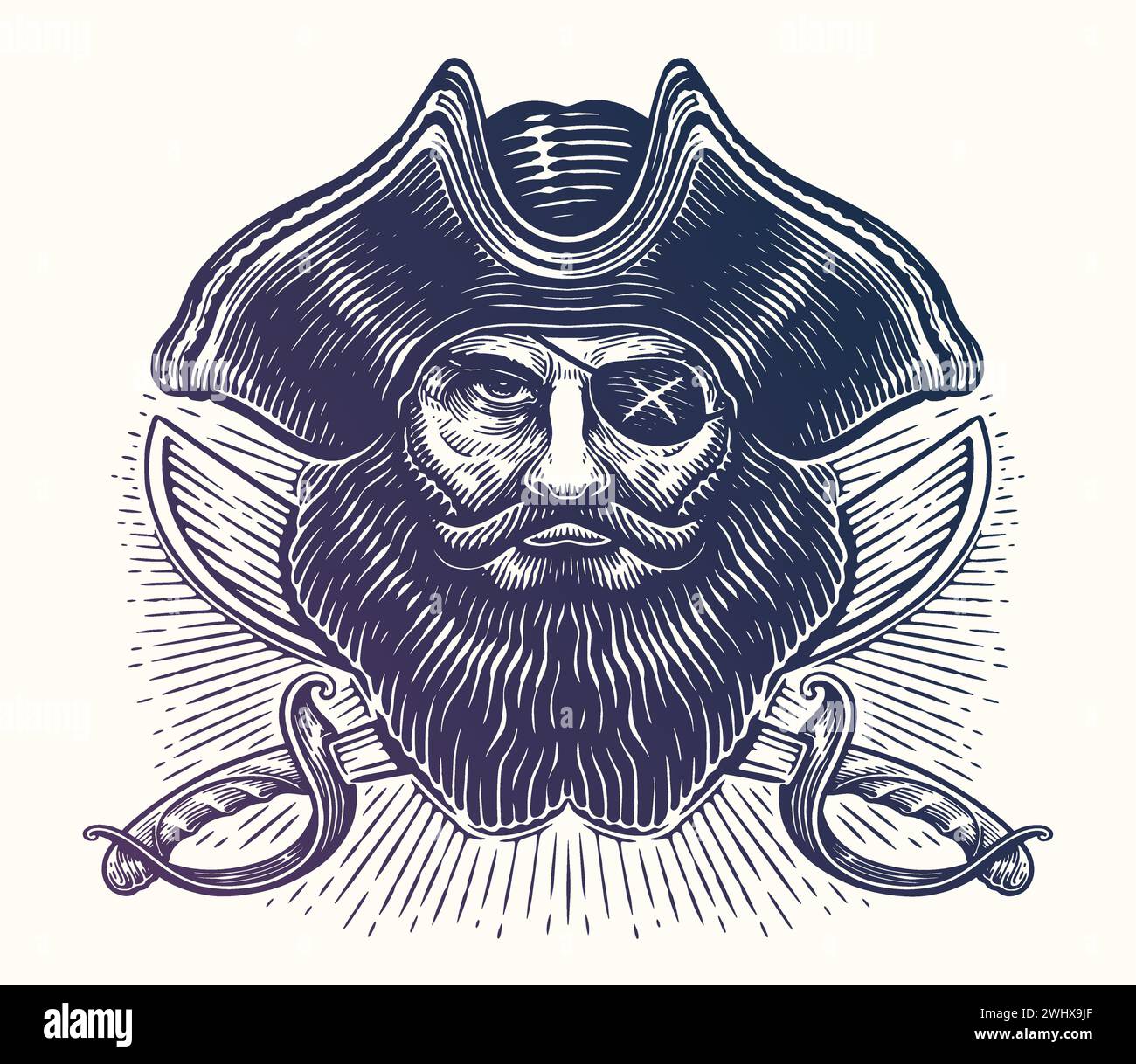 Testa di pirata sopra le sciabole incrociate. Black Mark, Corsair, Jolly Roger. Stile di incisione dello schizzo dell'illustrazione vettoriale Illustrazione Vettoriale
