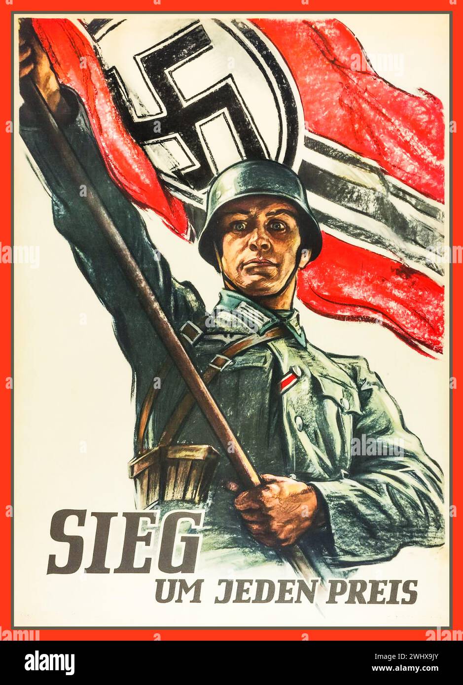 Seconda guerra mondiale, soldato dell'esercito della Wehrmacht con una grande bandiera svastica con il titolo di propaganda "VITTORIA a tutti i costi", seconda guerra mondiale, Germania nazista Foto Stock