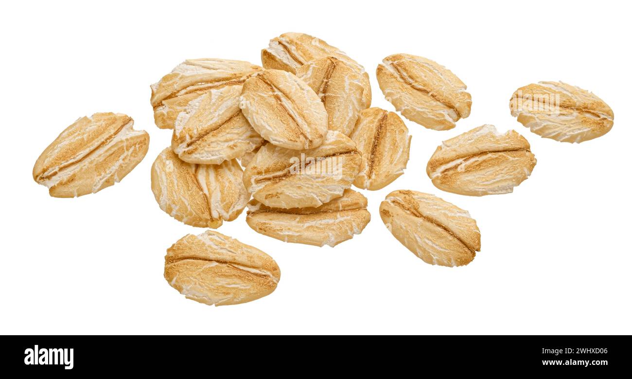 Fiocchi d'avena isolati su sfondo bianco, profondità di campo completa Foto Stock