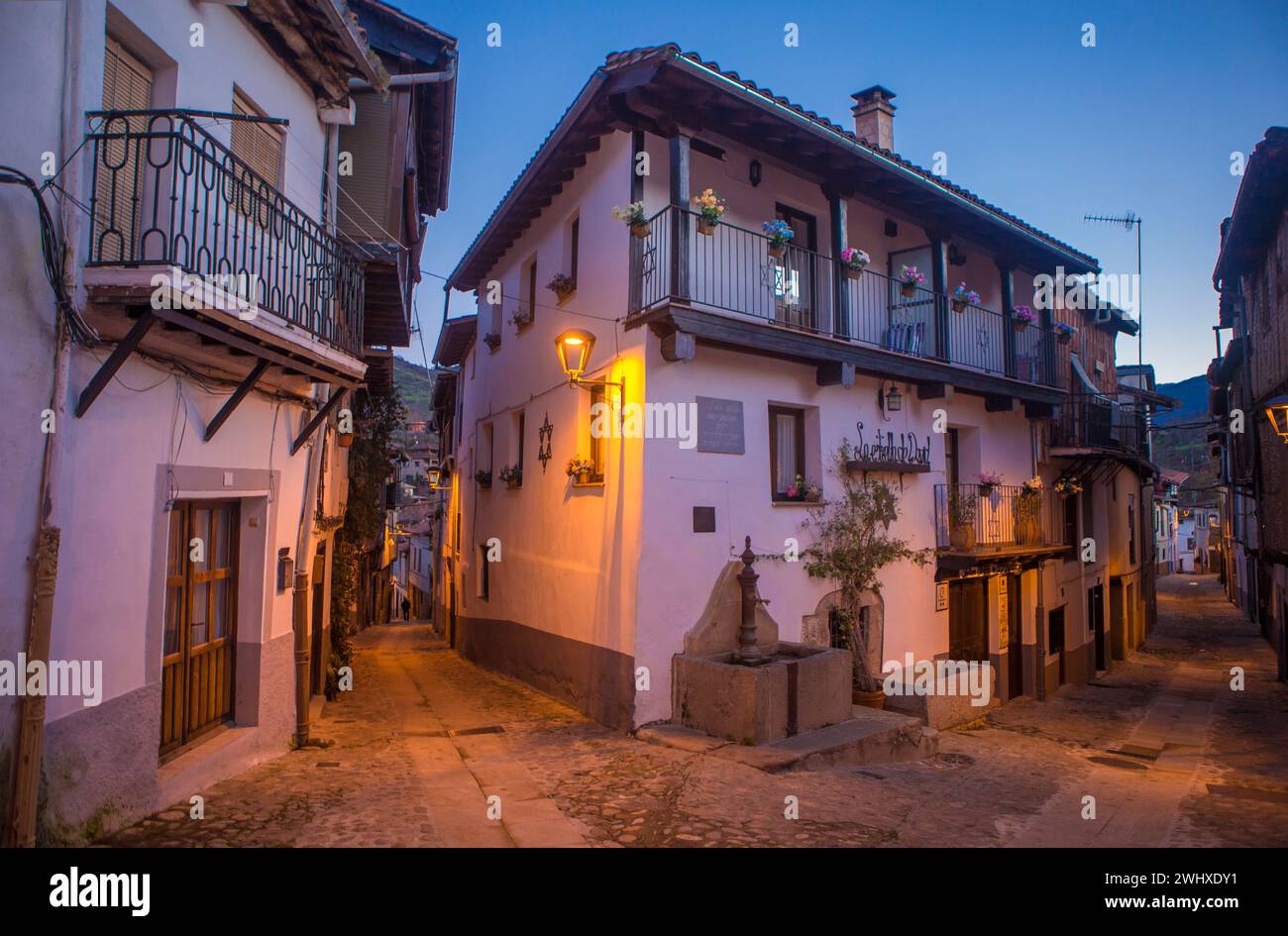 Angolo del quartiere Ebraico all'alba, Hervas, villaggio di Ambroz Valley. Caceres, Estremadura, Spagna Foto Stock