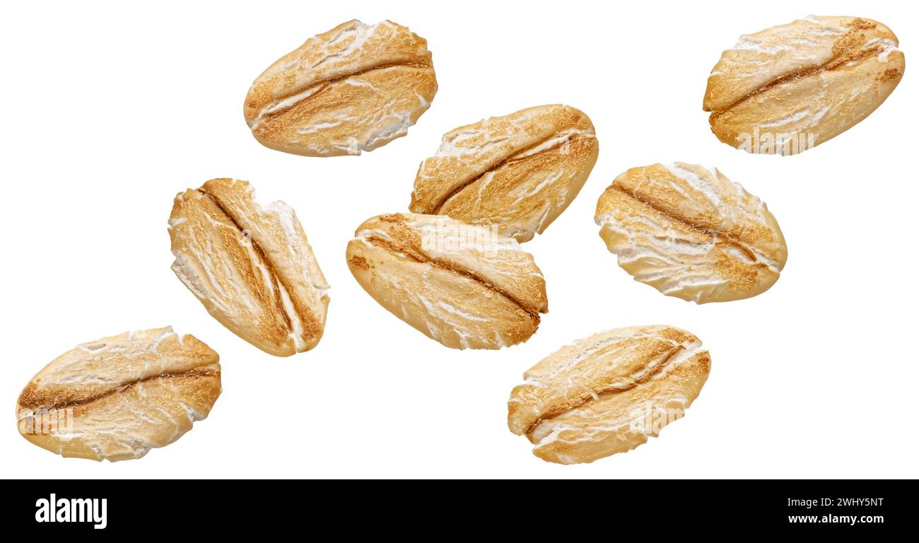Fiocchi di avena isolati su sfondo bianco Foto Stock