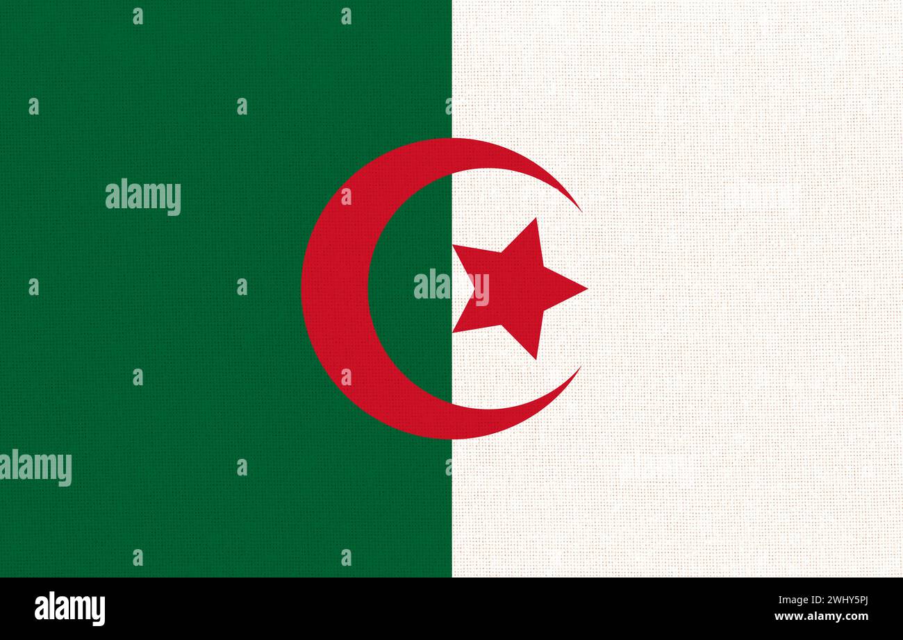 Bandiera dell'Algeria. Bandiera dell'Algeria sulla superficie del tessuto. Bandiera nazionale algerina su sfondo testurizzato. Fabr Foto Stock