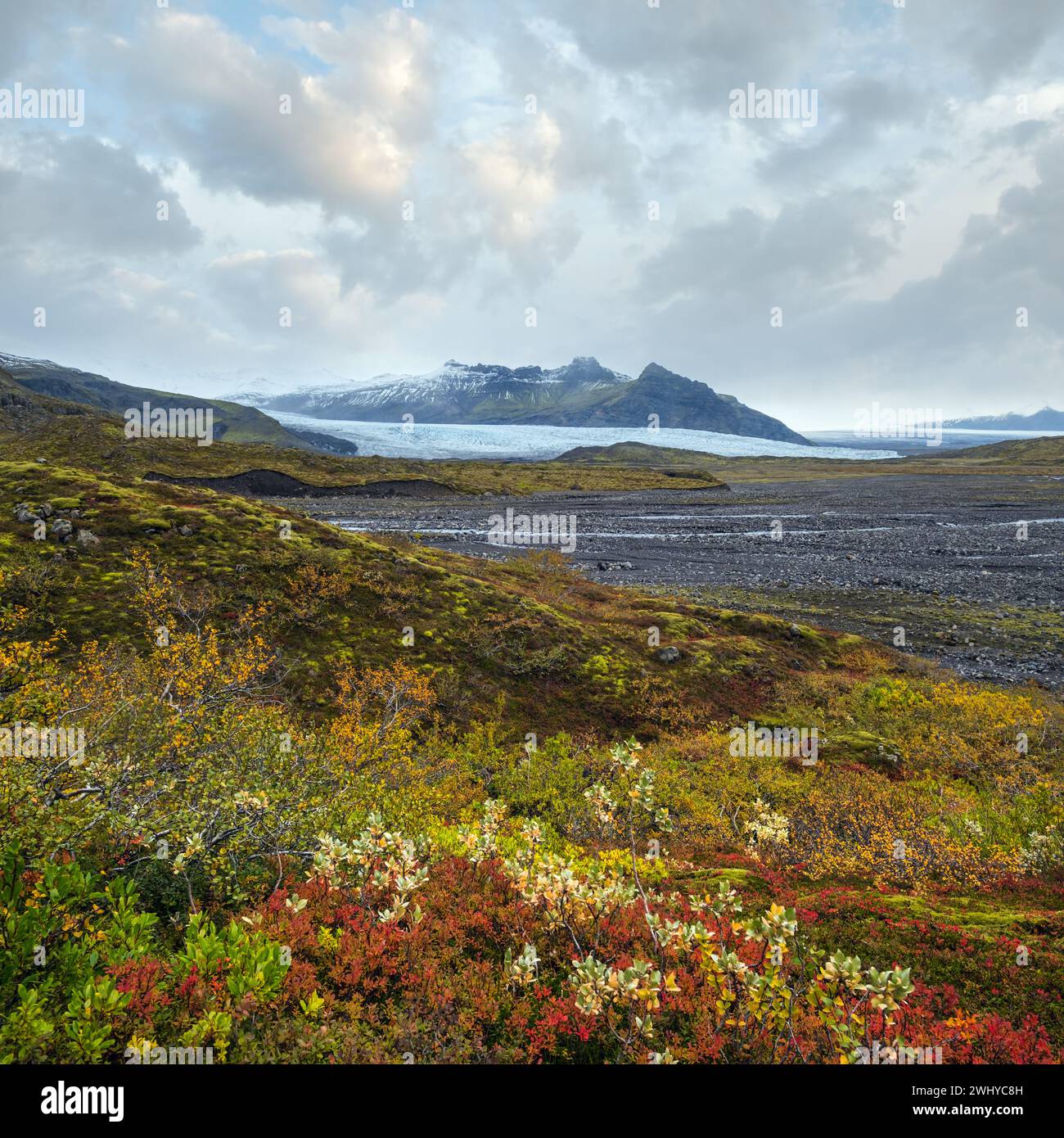 Splendida vista autunnale dal canyon di Mulagljufur al ghiacciaio di Fjallsarlon con la laguna ghiacciata di Breidarlon, Islanda. Non lontano dalla circonvallazione Foto Stock