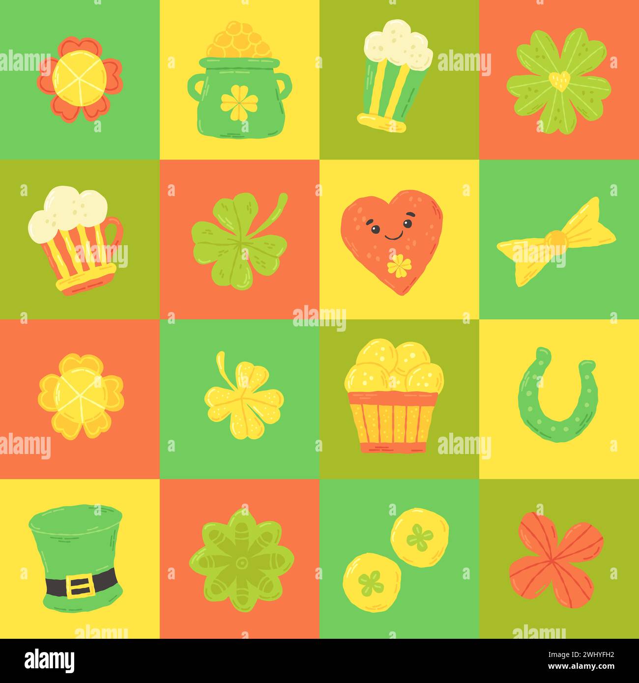 Modello festivo per St. Giorno di Patrick con trifoglio, birra e moneta. Elementi di cartoni animati piatti disegnati a mano. Illustrazione vettoriale Illustrazione Vettoriale