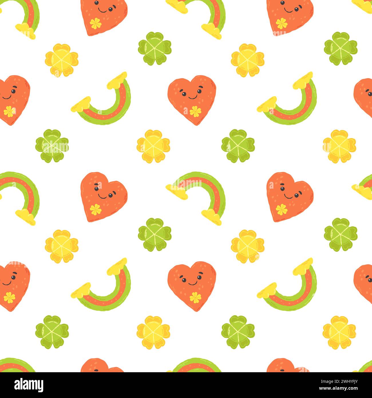 Modello festivo per St. Giorno di Patrick con trifoglio e arcobaleno. Elementi di cartoni animati piatti disegnati a mano. Illustrazione vettoriale Illustrazione Vettoriale