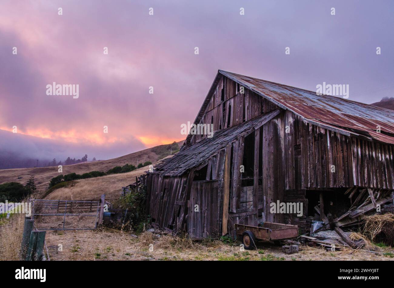 California settentrionale, Backcountry, querce, fienili abbandonati, paesaggi rurali, fascino di campagna, bellezza rustica, vecchie strutture, boschi di querce Foto Stock