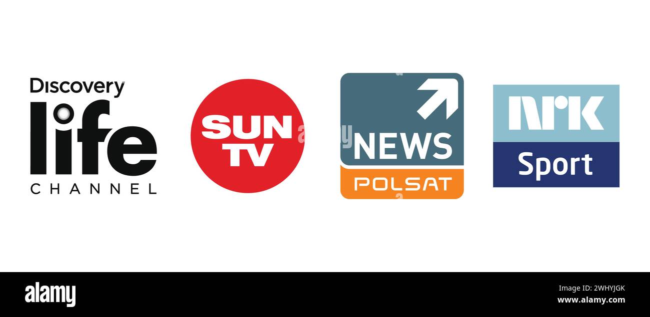 Discovery Life, Sun TV, NRK Sport variante, Polsat News. Illustrazione vettoriale, logo editoriale. Illustrazione Vettoriale