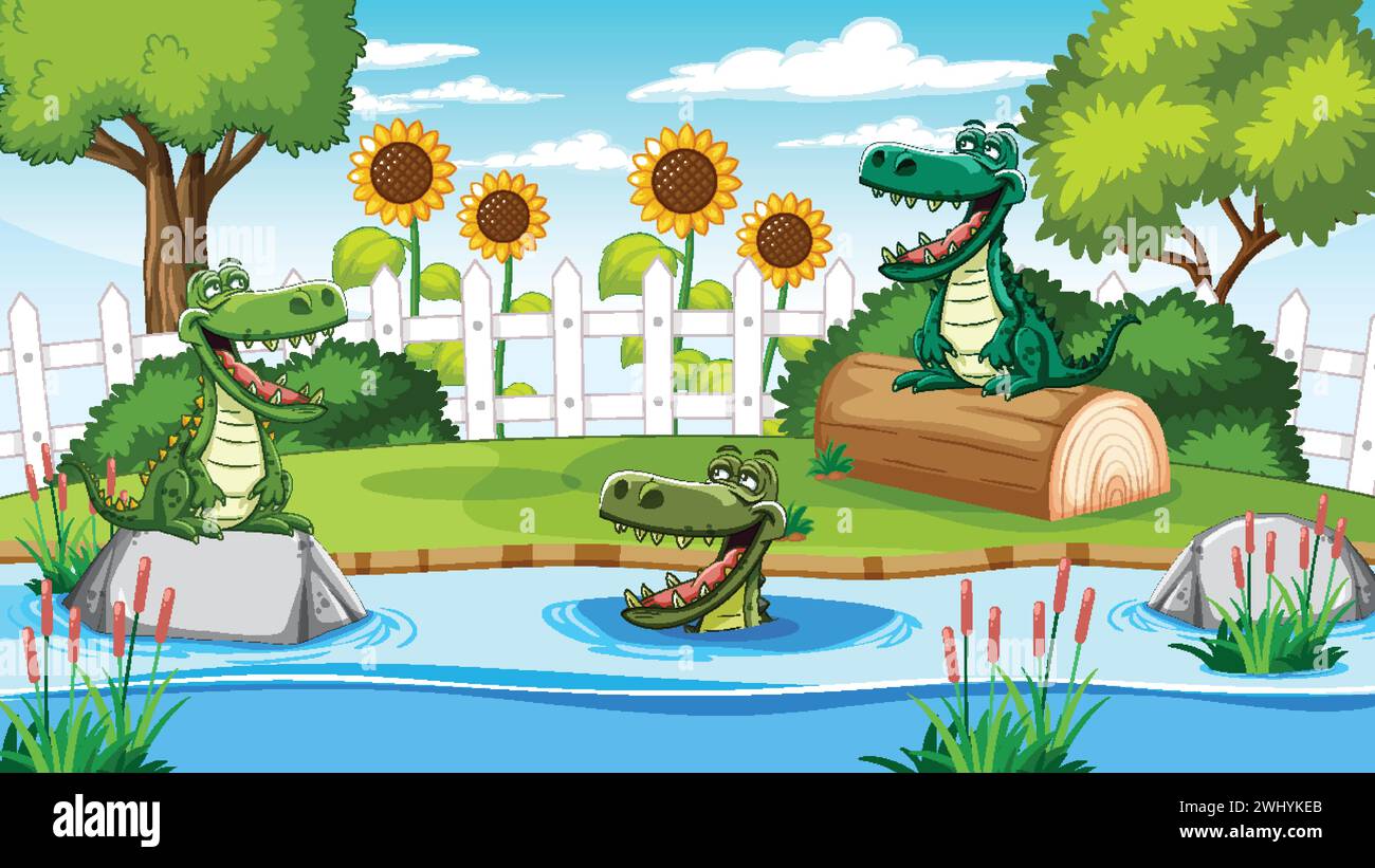 Tre allegri coccodrilli che si godono una luminosa scena da giardino Illustrazione Vettoriale