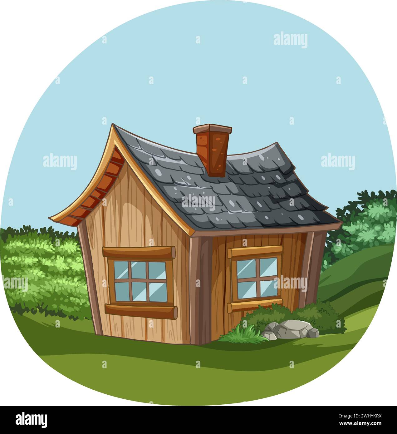 Affascinante cottage in legno circondato dal verde Illustrazione Vettoriale