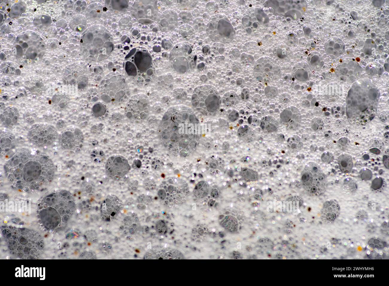 Macrofotografia, bolle di mare, grani di sabbia, vista ravvicinata, texture costiere, dettagli bollicine, bellezza oceanica Foto Stock