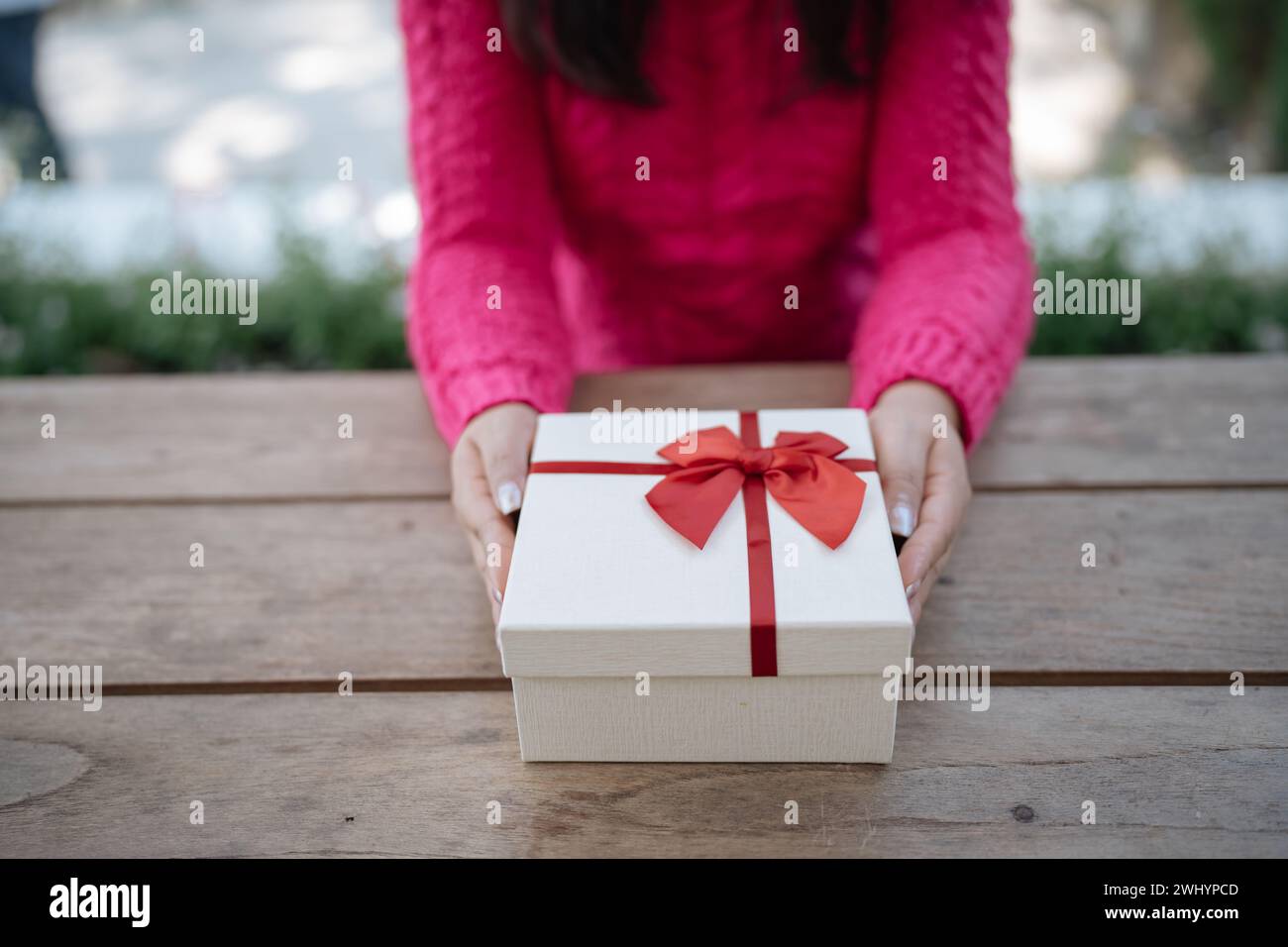 Le mani di una donna asiatica felice ed eccitata tengono in mano una confezione regalo di Natale. Allegra ragazza che porta il regalo di Natale o il compleanno di Natale boxÂ Natale Foto Stock