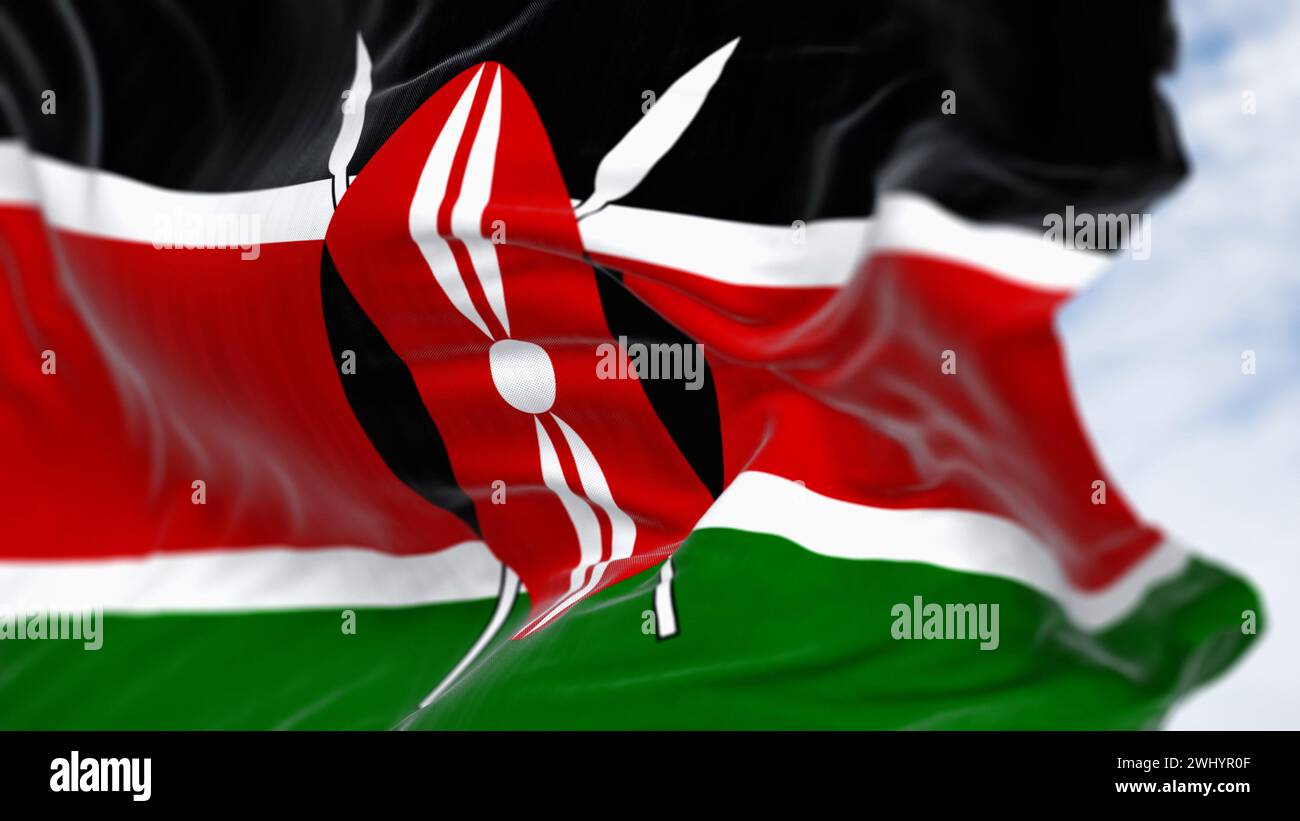 Bandiera nazionale del Kenya che sventola in una giornata limpida Foto Stock