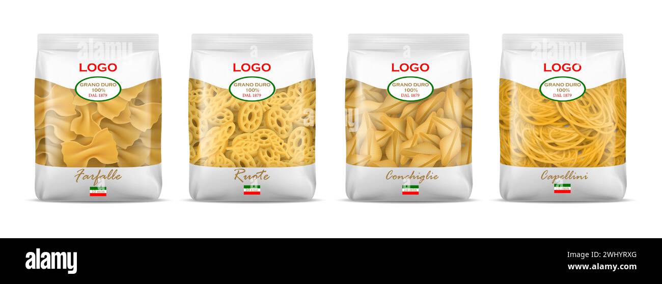 Confezione di pasta. Farfelle realistiche o mockup con borsa morbida. Imballaggio in plastica. Cucina italiana. Conchiglie e capellini. Telaio in cellofano trasparente. Confezione di macaroni di grano. Set di pacchetti di prodotti vettoriali Illustrazione Vettoriale